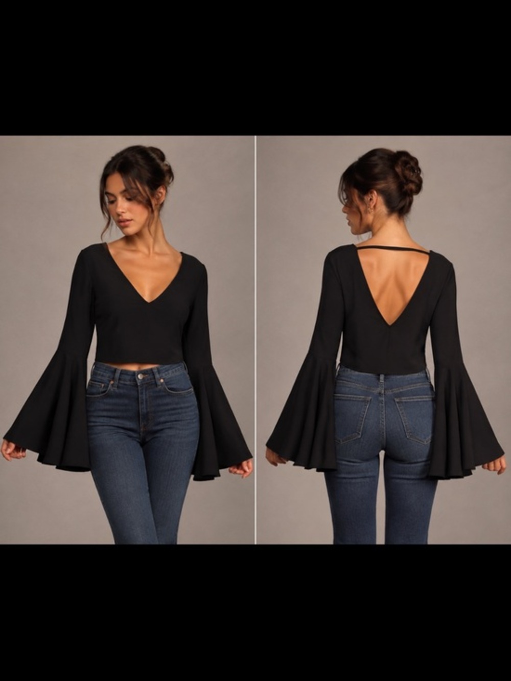 Vintage Y2K Lulus Black Bell Sleeve Crop Top XS Keyhole Back Witchy Goth
